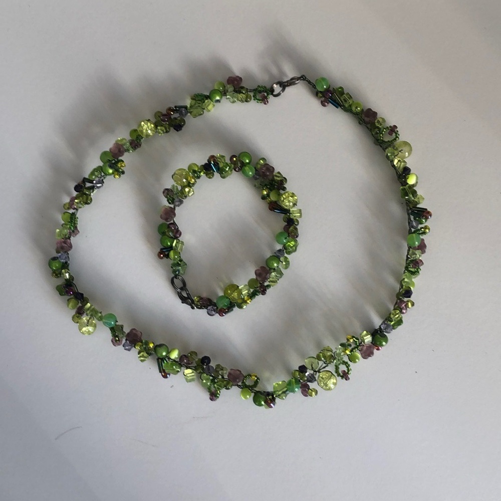🇸🇪 Necklacece & bracelet colorful green and violet beads by K Lindbom